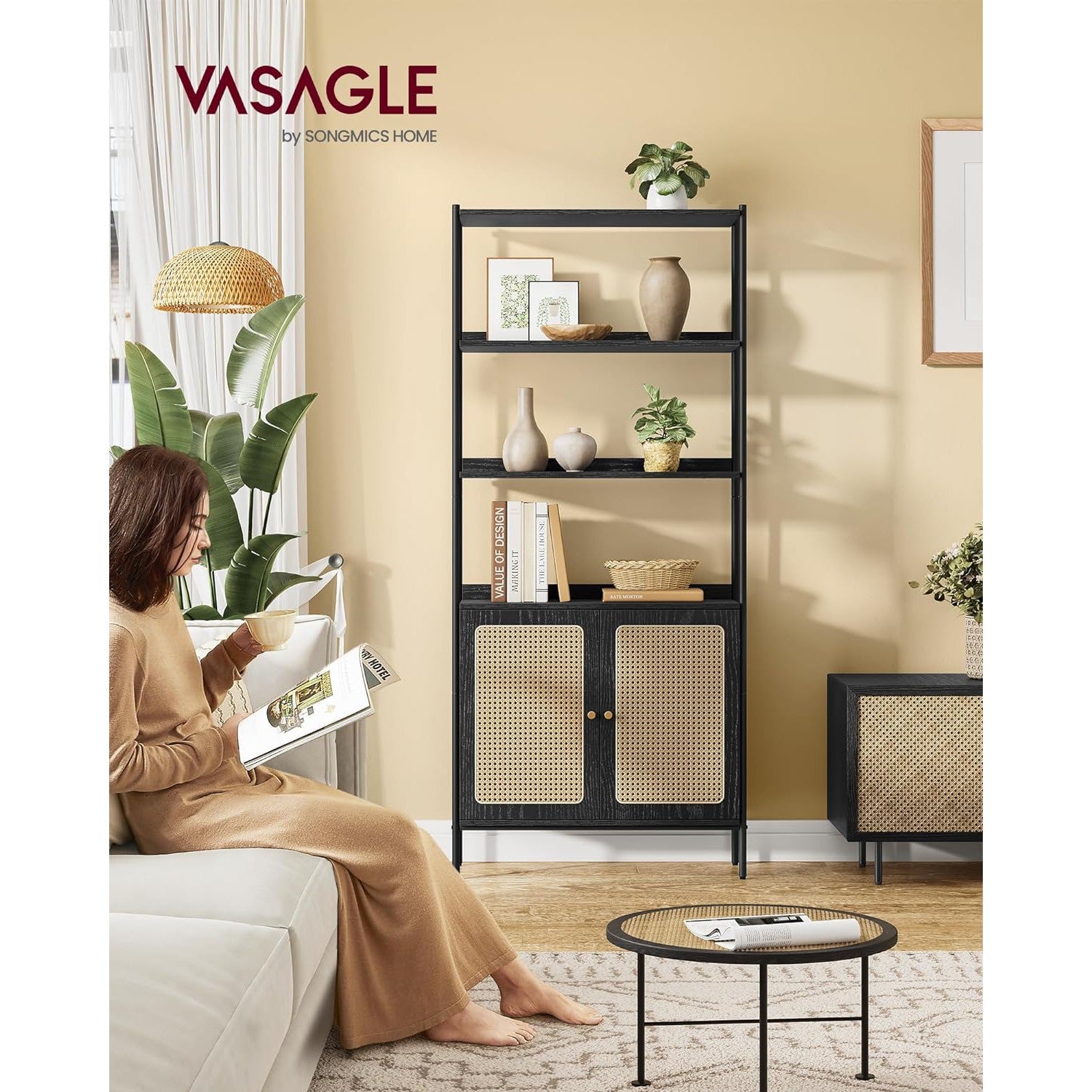 Višeslojna, samostojeća polica za knjige, boho stila, 30 x 76.4 x 174.7 cm, crna | VASAGLE-vitahome.hr