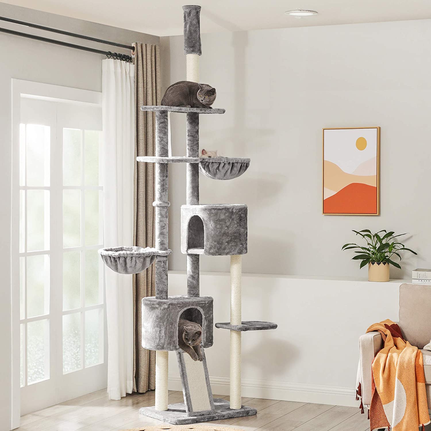 Visoki mačji toranj s grebalicama do stropa 240-260 cm, svijetlo sivi | FEANDREA | FEANDREA-vitahome.hr