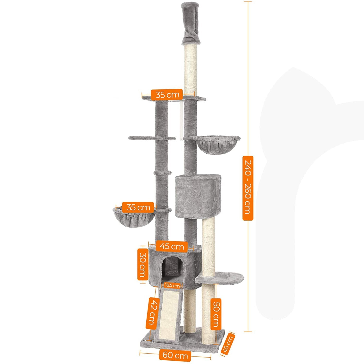 Visoki mačji toranj s grebalicama do stropa 240-260 cm, svijetlo sivi | FEANDREA | FEANDREA-vitahome.hr