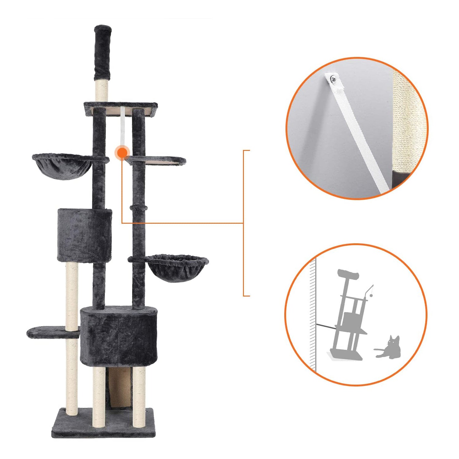 Visoki mačji toranj s grebalicama do stropa 240-260 cm, tamno sivi | FEANDREA | FEANDREA-vitahome.hr