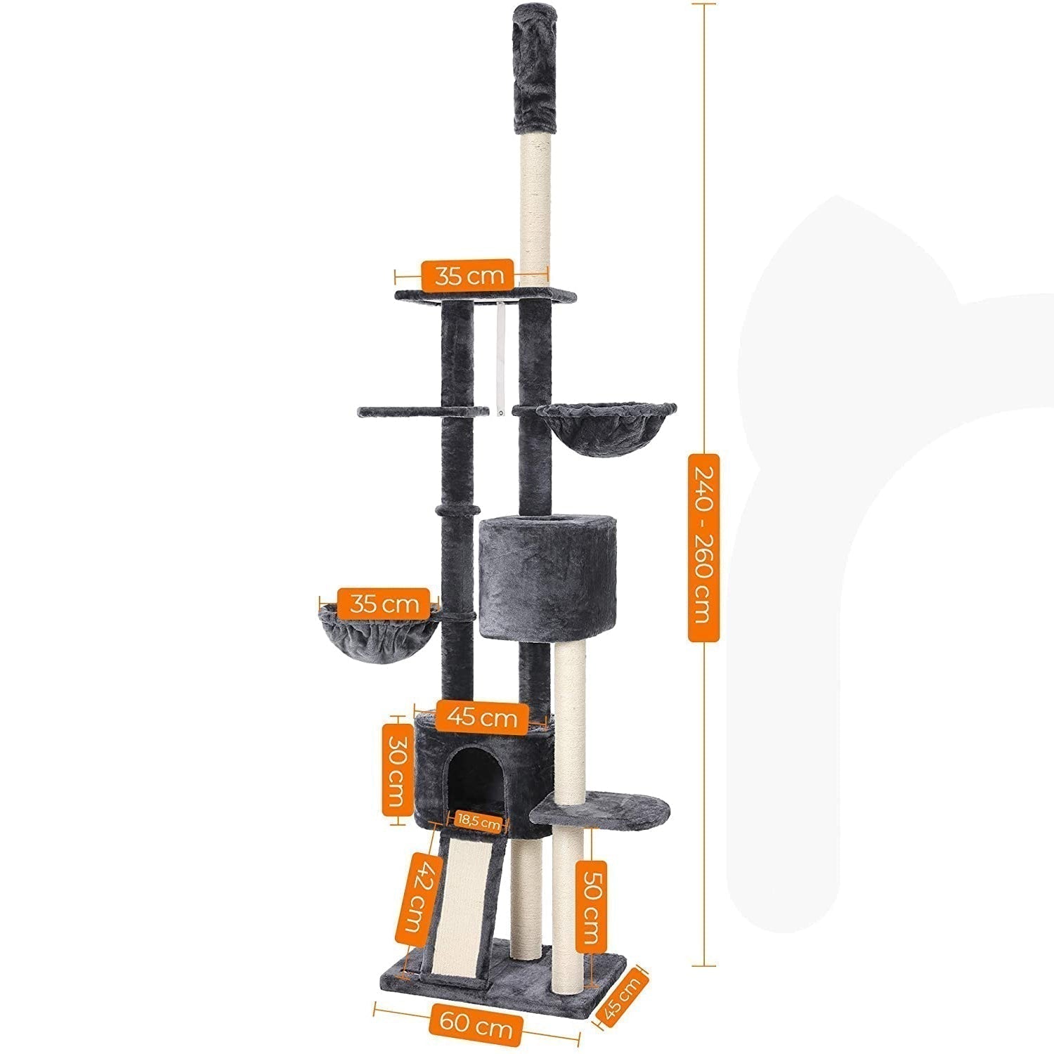 Visoki mačji toranj s grebalicama do stropa 240-260 cm, tamno sivi | FEANDREA | FEANDREA-vitahome.hr