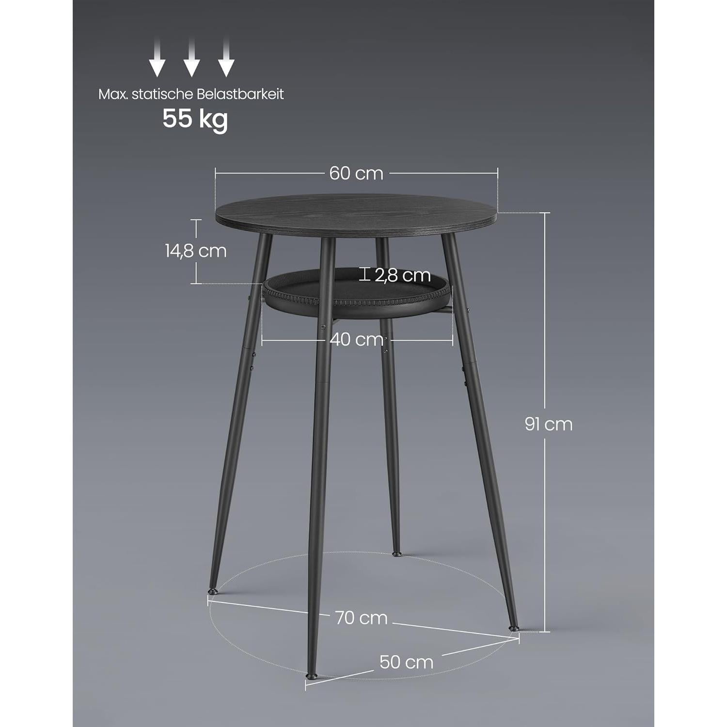 Visoki, okrugli barski stol s prostorom za pohranu, 70 x 70 x 91 cm, crni | VASAGLE-vitahome.hr
