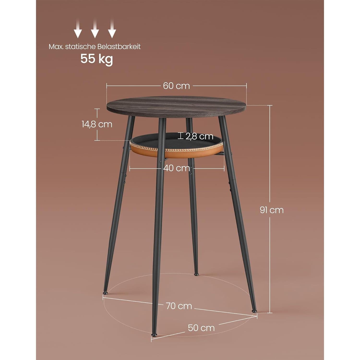 Visoki, okrugli barski stol s prostorom za pohranu, 70 x 70 x 91 cm, smeđi | VASAGLE-vitahome.hr