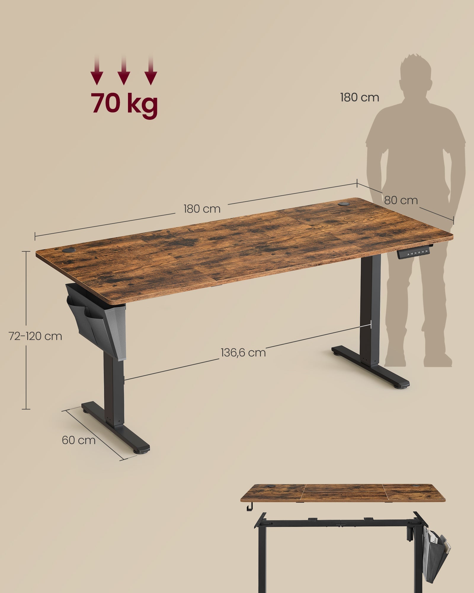 Visoko podesivi električni radni stol s memorijskom funkcijom 180 x 80 cm, vintage smeđa