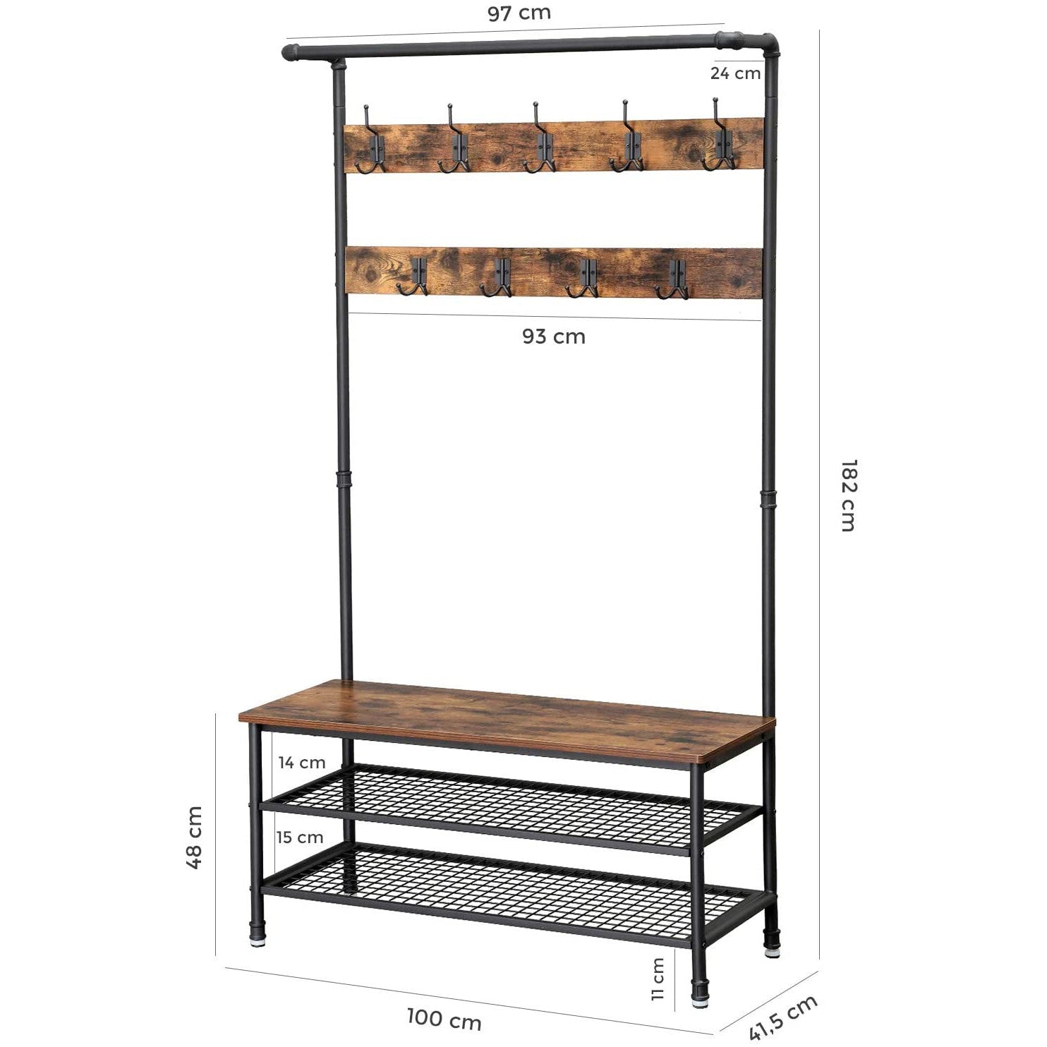 Vješalica za kapute, Rustikalna vješalica za kapute sa spremištem za cipele, 97 x 41,5 x 182 cm | VASAGLE-vitahome.hr