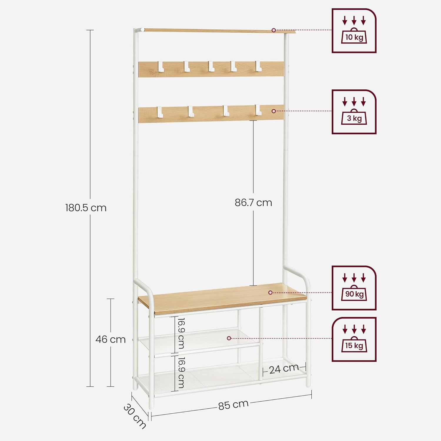 Vješalica za kapute s klupom za cipele, 30x85x180,5 cm, boja hrasta i bijela | VASAGLE-vitahome.hr