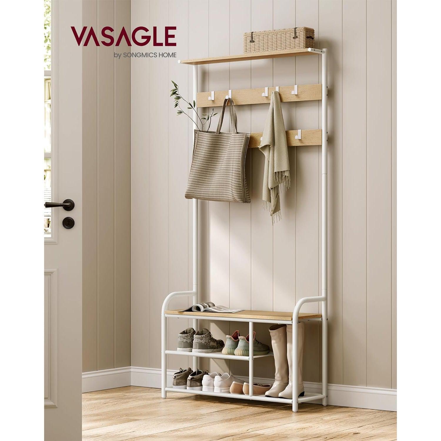 Vješalica za kapute s klupom za cipele, 30x85x180,5 cm, boja hrasta i bijela | VASAGLE-vitahome.hr