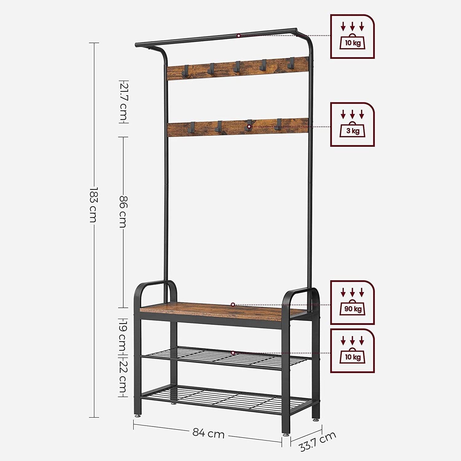 Vješalica za kapute, zid za hodnik s policom za cipele, 84 x 183 x 33,7 cm, rustikalno smeđa | Vasagle-vitahome.hr