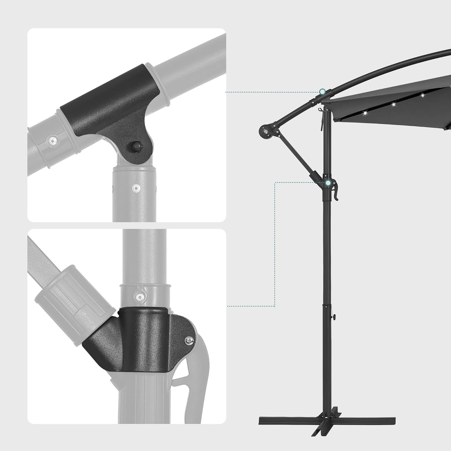 Vrtni suncobran s postoljem i LED svjetlima na solarnu energiju, sivi | SONGMICS-vitahome.hr
