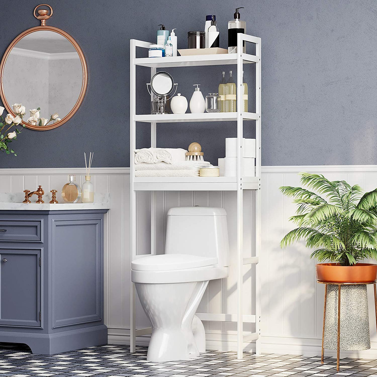 WC polica, troslojna kupaonska polica od bambusa, 63 x 163 x 26 cm, bijela-SONGMICS-Vita Home