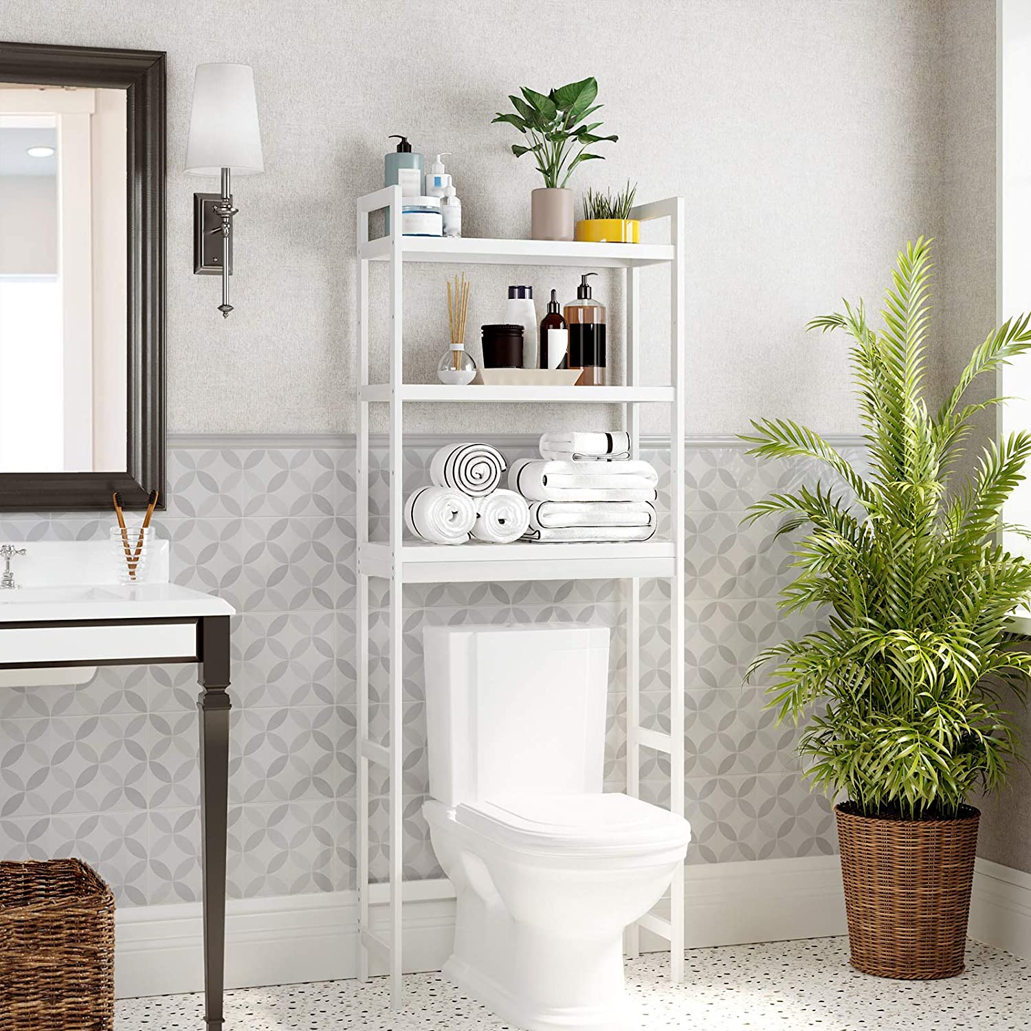 WC polica, troslojna kupaonska polica od bambusa, 63 x 163 x 26 cm, bijela-SONGMICS-Vita Home
