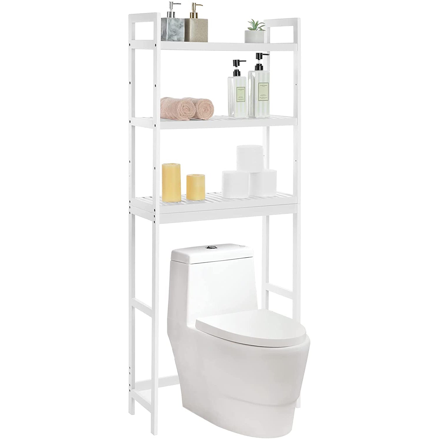 WC polica, troslojna kupaonska polica od bambusa, 63 x 163 x 26 cm, bijela-SONGMICS-Vita Home