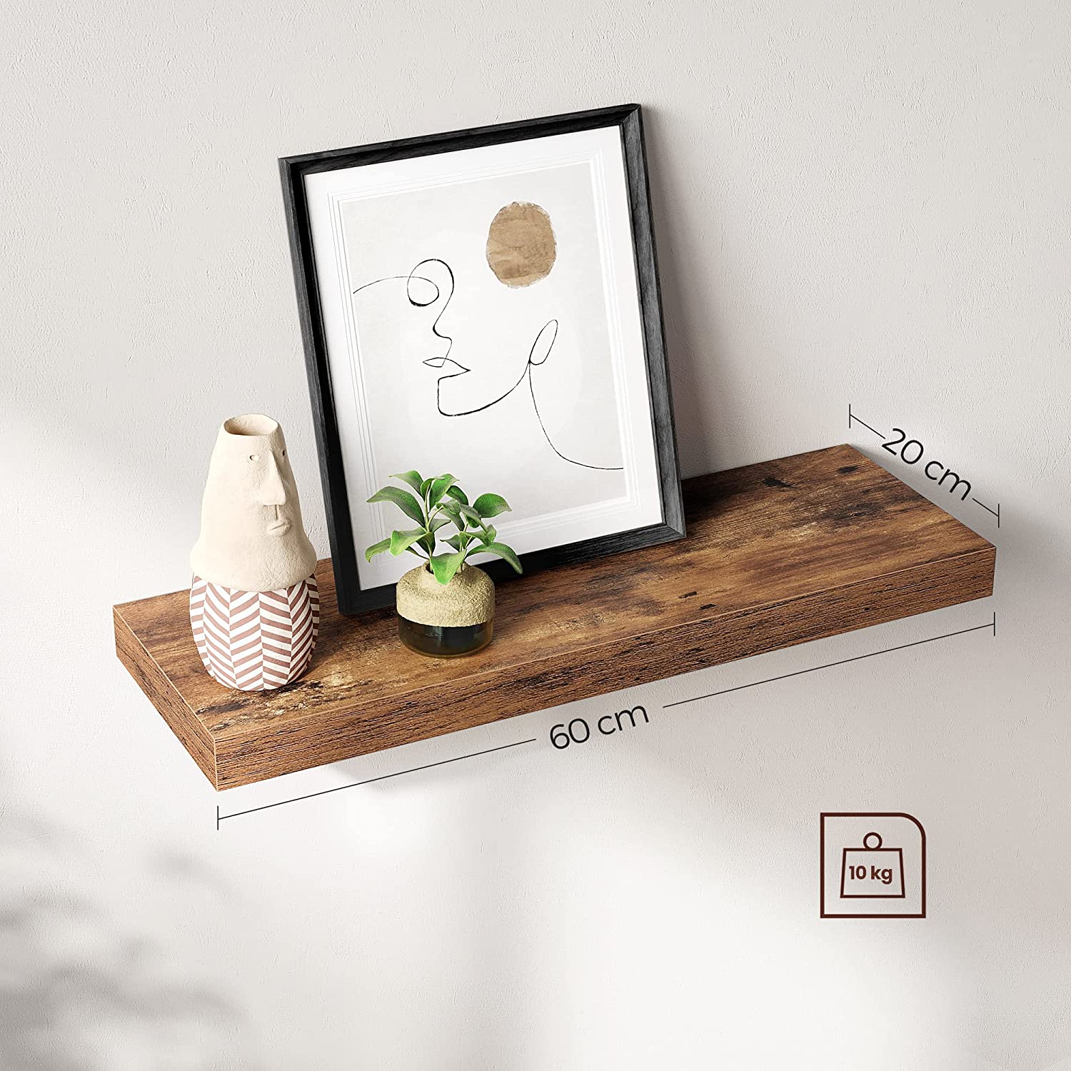 Zidna polica, plutajuća polica za fotografije 60x20x3,8 cm, smeđe boje | VASAGLE-vitahome.hr