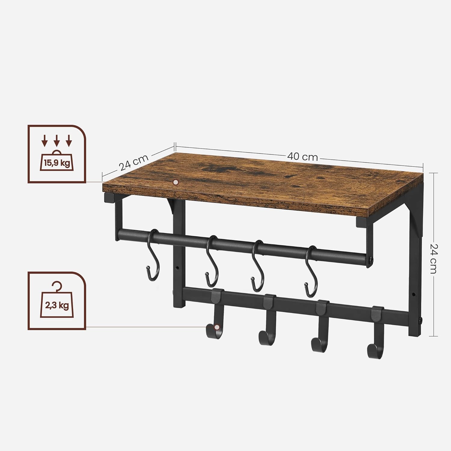 Zidna polica s 8 kuka,40 x 24 x 24 cm, industrijskog stila, rustikalno smeđa | SONGMICS-vitahome.hr