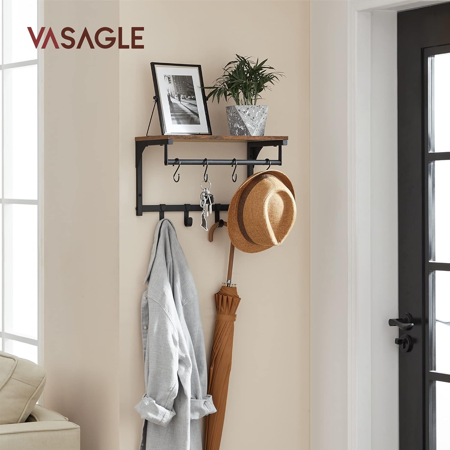 Zidna polica s 8 kuka,40 x 24 x 24 cm, industrijskog stila, rustikalno smeđa | SONGMICS-vitahome.hr