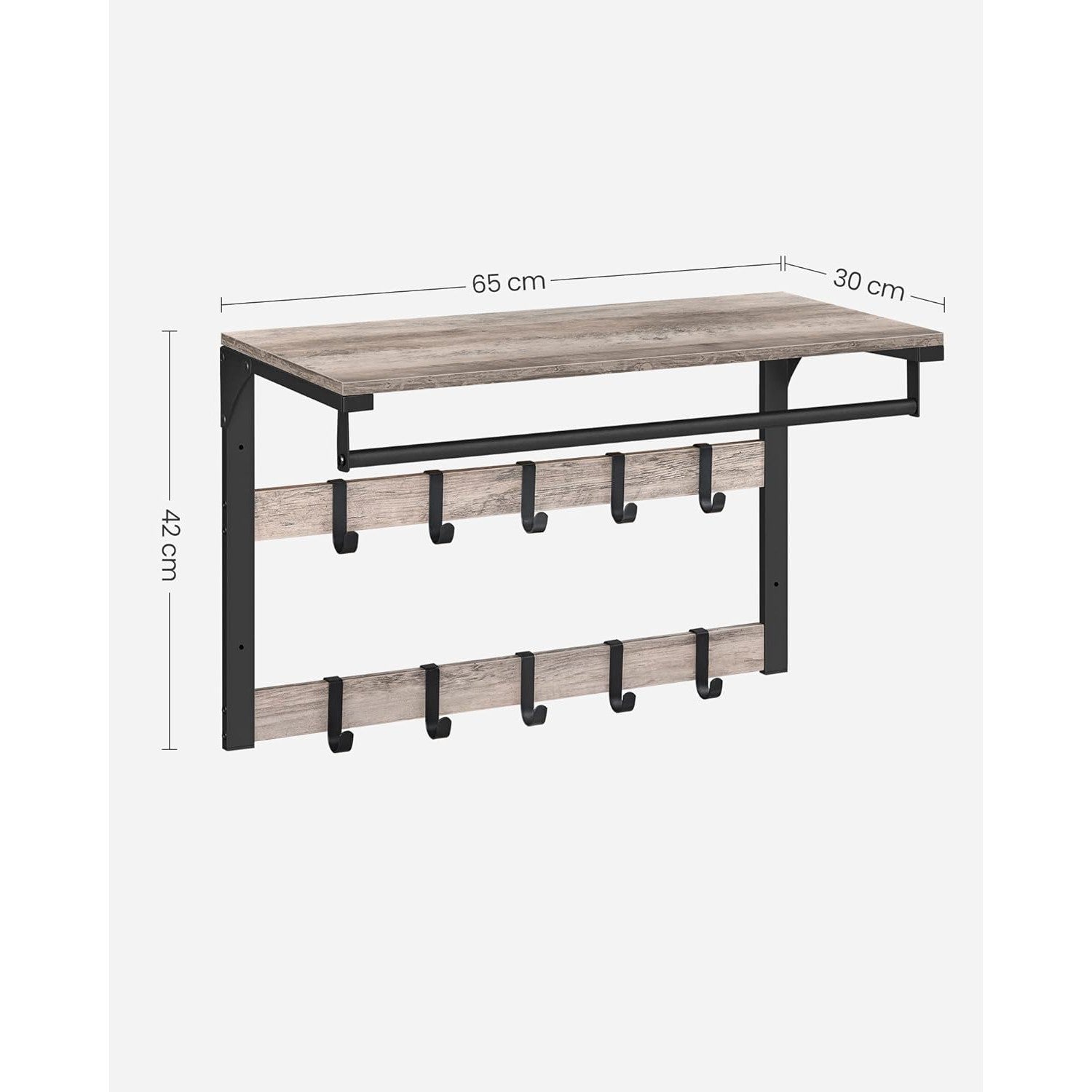 Zidna vješalica s policom i 10 uklonjivih kukica, 30 x 65 x 42 cm, sivo crna | VASAGLE-vitahome.hr