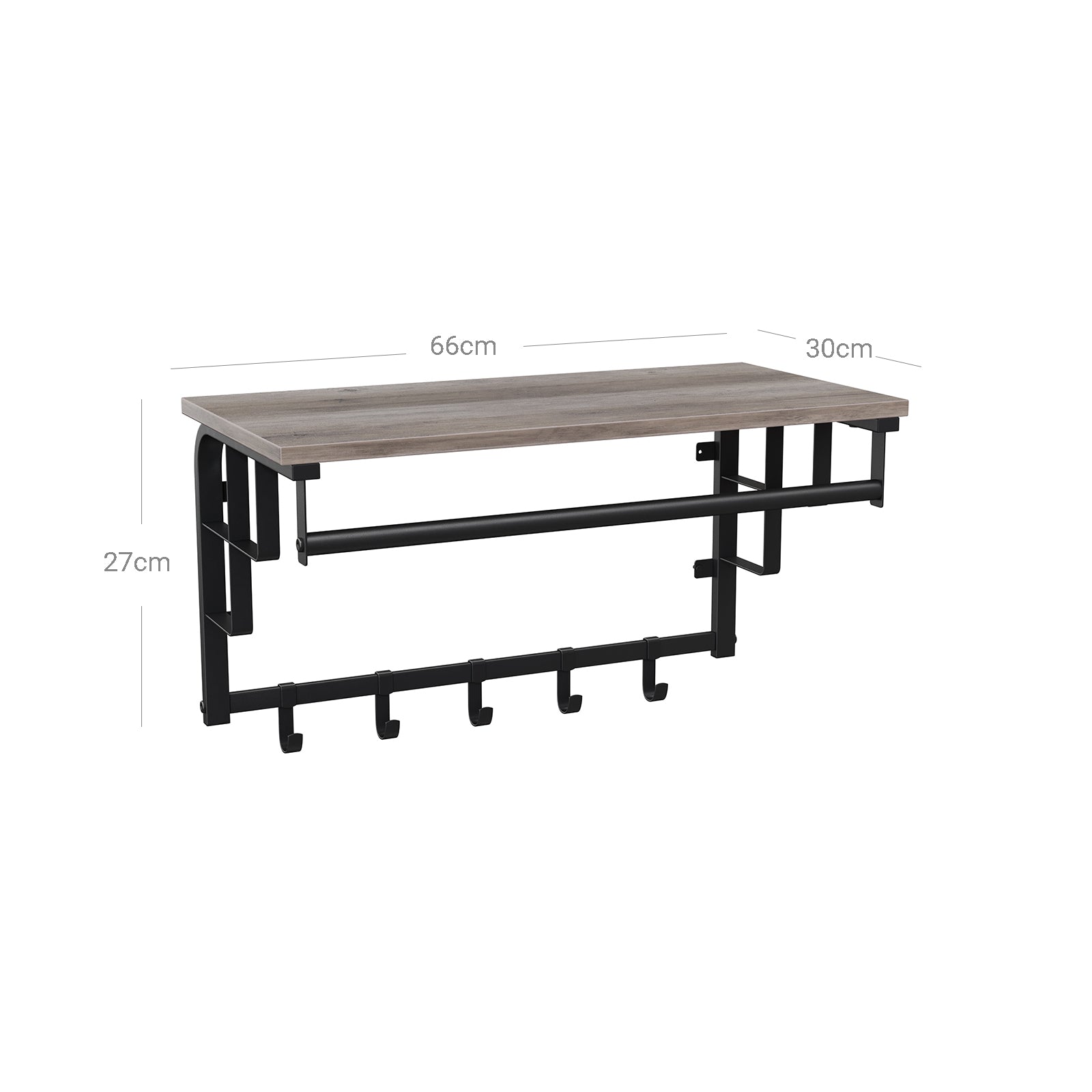 Zidna vješalica s policom i kukicama za kapute, 60 x 30 x 27 cm, sivo-crna | VASAGLE-vitahome.hr