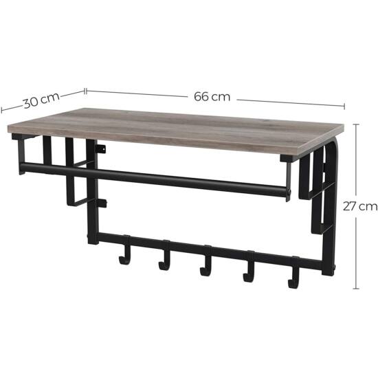 Zidna vješalica s policom i kukicama za kapute, 60 x 30 x 27 cm, sivo-crna | VASAGLE-vitahome.hr