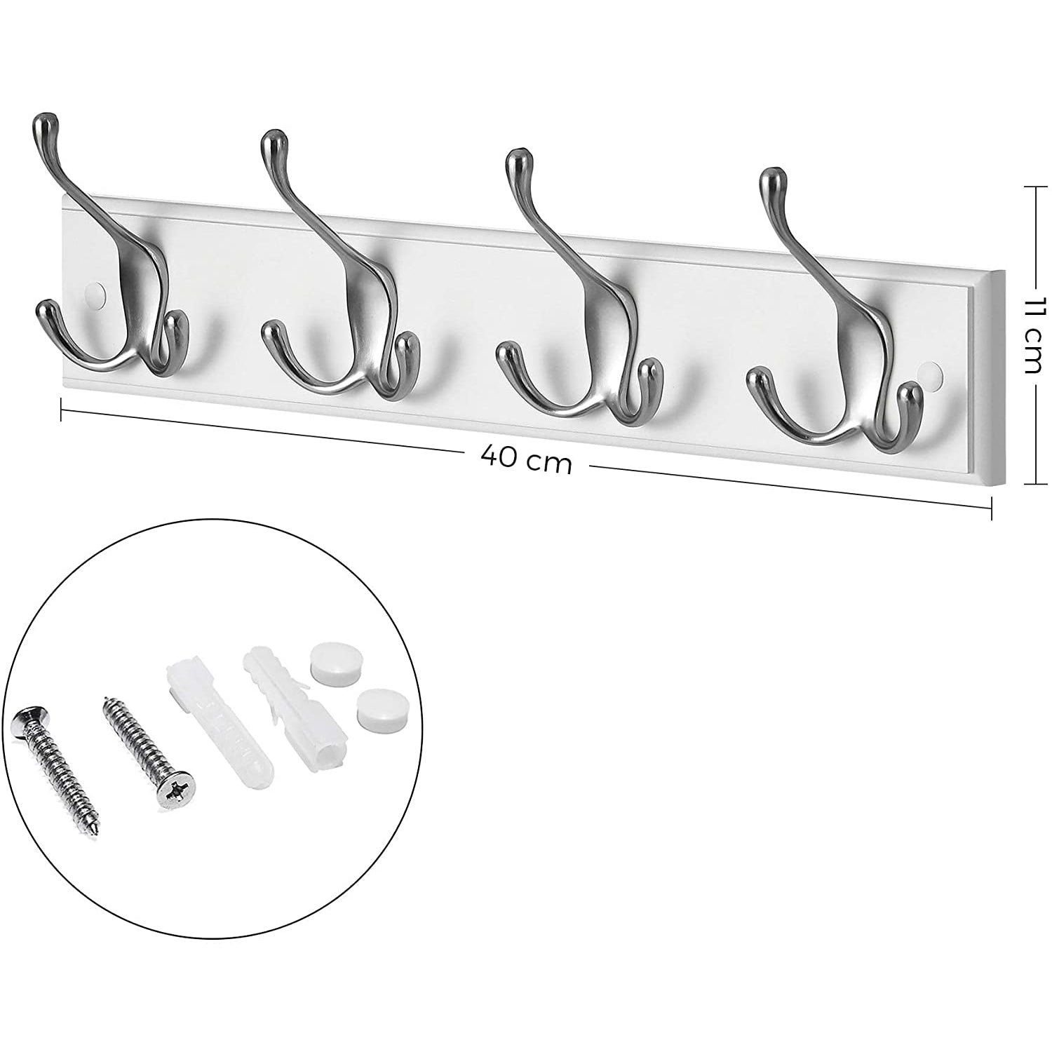 Zidna vješalica za kapute s 4 trostruke kuke, 40 x 11 x 7 cm, bijela i srebrna | SONGMICS-vitahome.hr