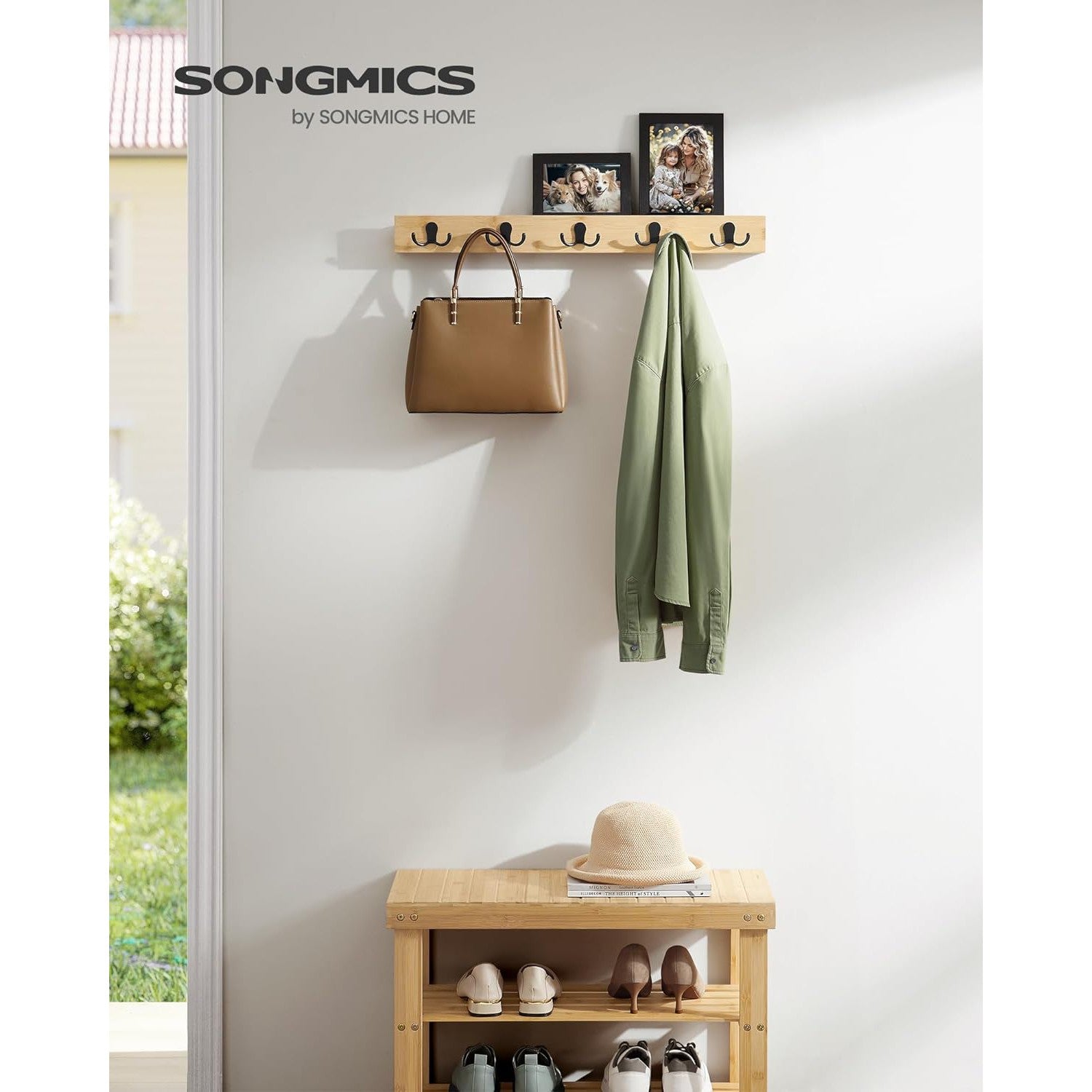 Zidna vješalica za kapute s policom, 5 dvostrukih metalnih kuka, bež boje | SONGMICS-vitahome.hr