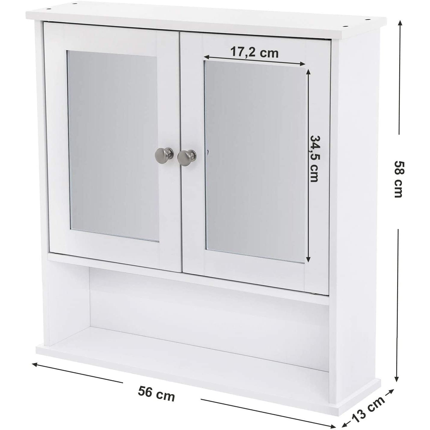 Zidni kupaonski ormarić s dvostrukim zrcalnim vratima, 56 x 13 x 58 cm, bijeli | VASAGLE-vitahome.hr