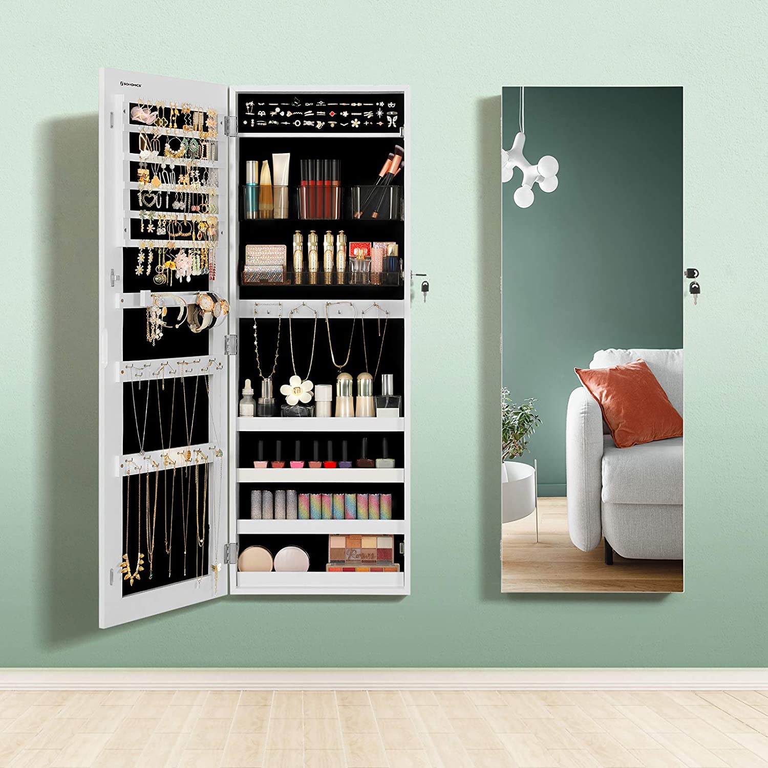 Zidni ormarić za nakit i šminku, može se zaključati, 37,5x108x9,7 cm, bijeli | SONGMICS-vitahome.hr