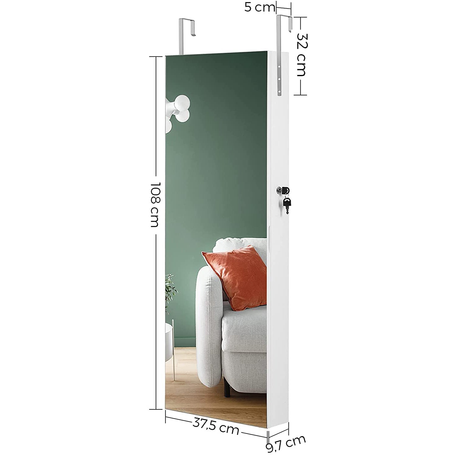 Zidni ormarić za nakit i šminku, može se zaključati, 37,5x108x9,7 cm, bijeli | SONGMICS-vitahome.hr