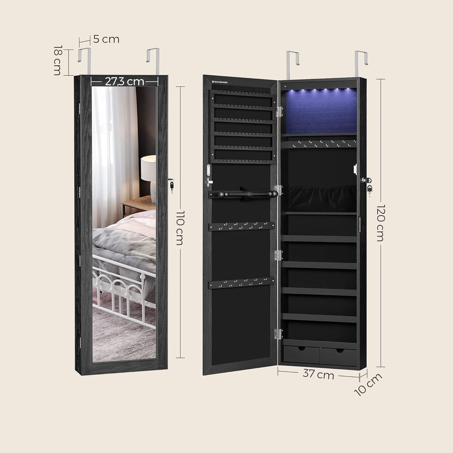 Zidni ormarić za nakit s ogledalom sa 6 LED žarulja, 10 x 37 x 120 cm, crni | SONGMICS-vitahome.hr