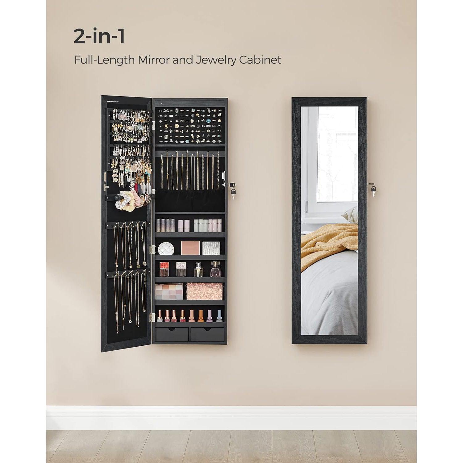 Zidni ormarić za nakit s ogledalom sa 6 LED žarulja, 10 x 37 x 120 cm, crni | SONGMICS-vitahome.hr