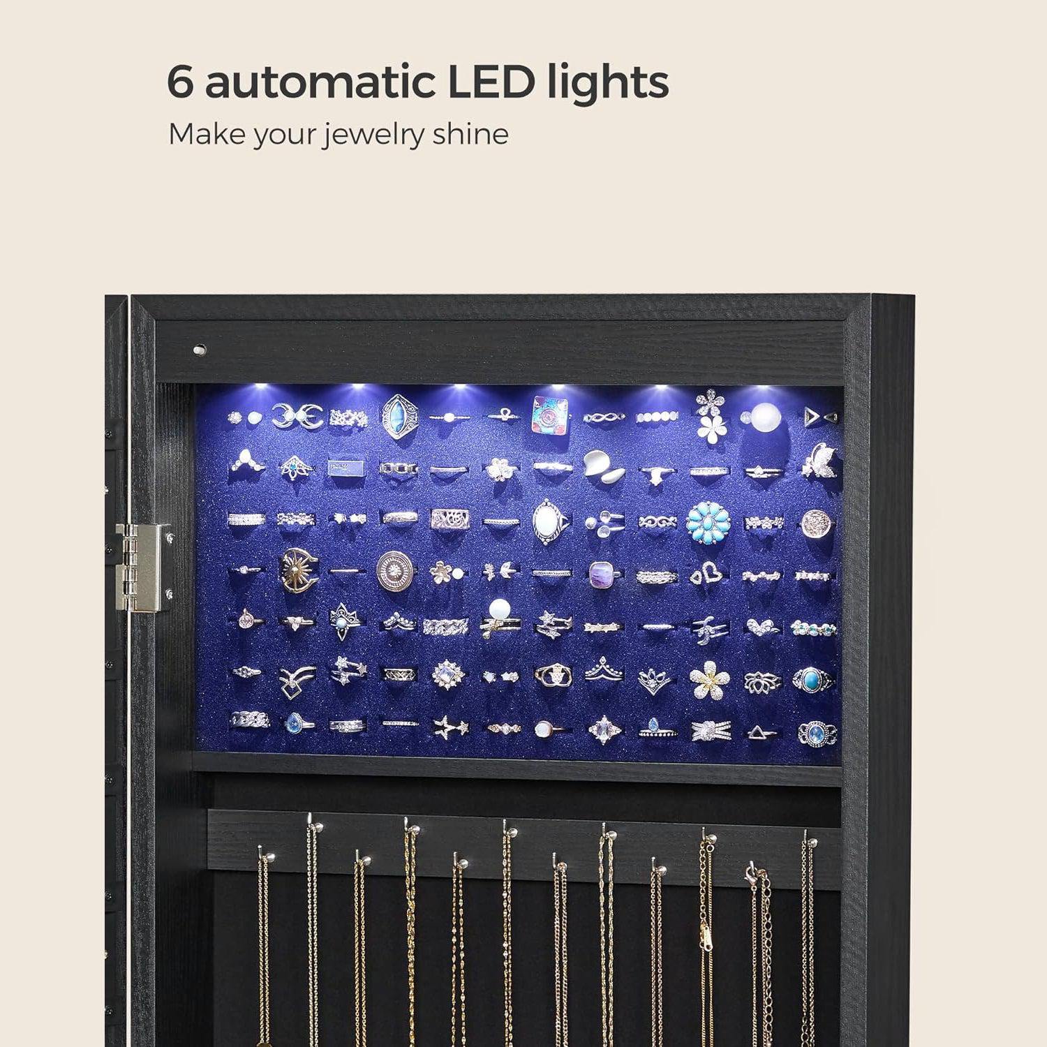 Zidni ormarić za nakit s ogledalom sa 6 LED žarulja, 10 x 37 x 120 cm, crni | SONGMICS-vitahome.hr