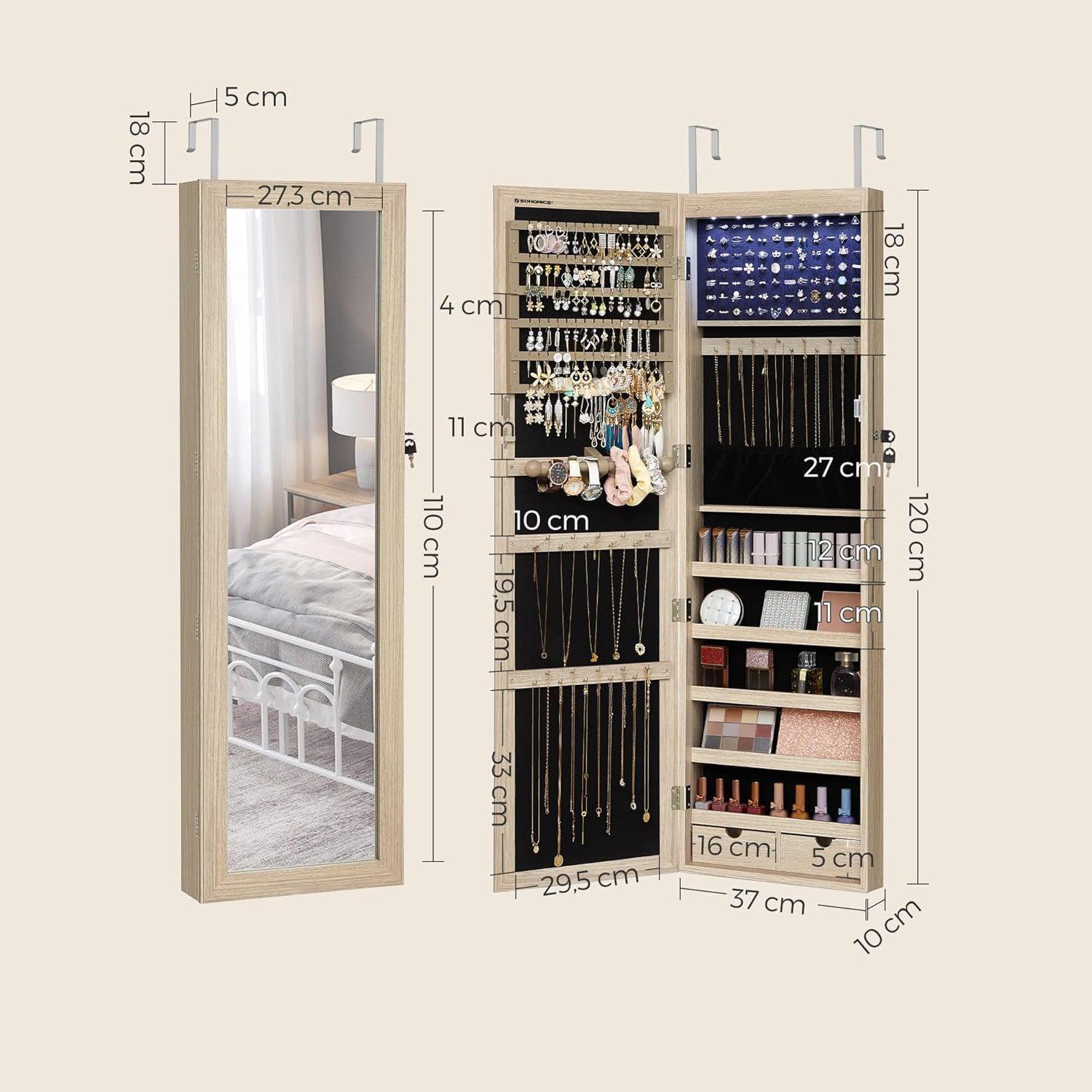 Zidni ormarić za nakit s ogledalom sa 6 LED žarulja, 10 x 37 x 120 cm, hrast | SONGMICS-vitahome.hr