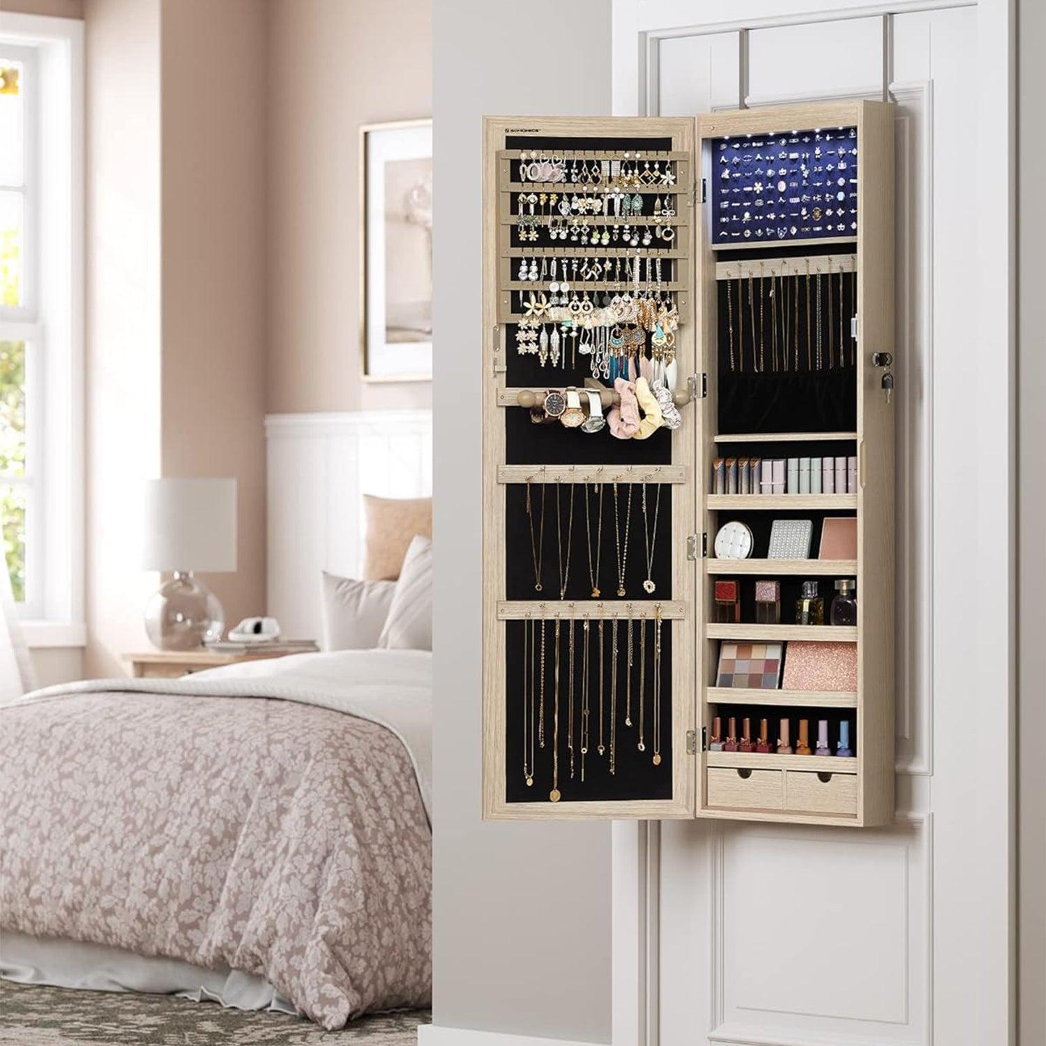 Zidni ormarić za nakit s ogledalom sa 6 LED žarulja, 10 x 37 x 120 cm, hrast | SONGMICS-vitahome.hr