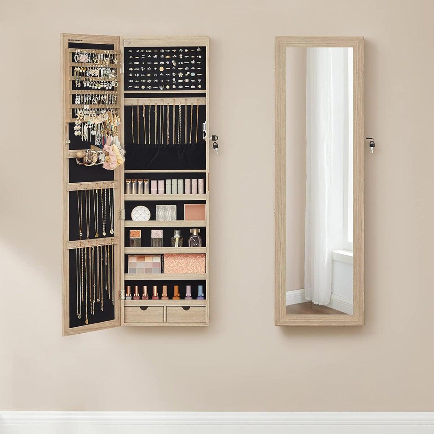 Zidni ormarić za nakit s ogledalom sa 6 LED žarulja, 10 x 37 x 120 cm, hrast | SONGMICS-vitahome.hr