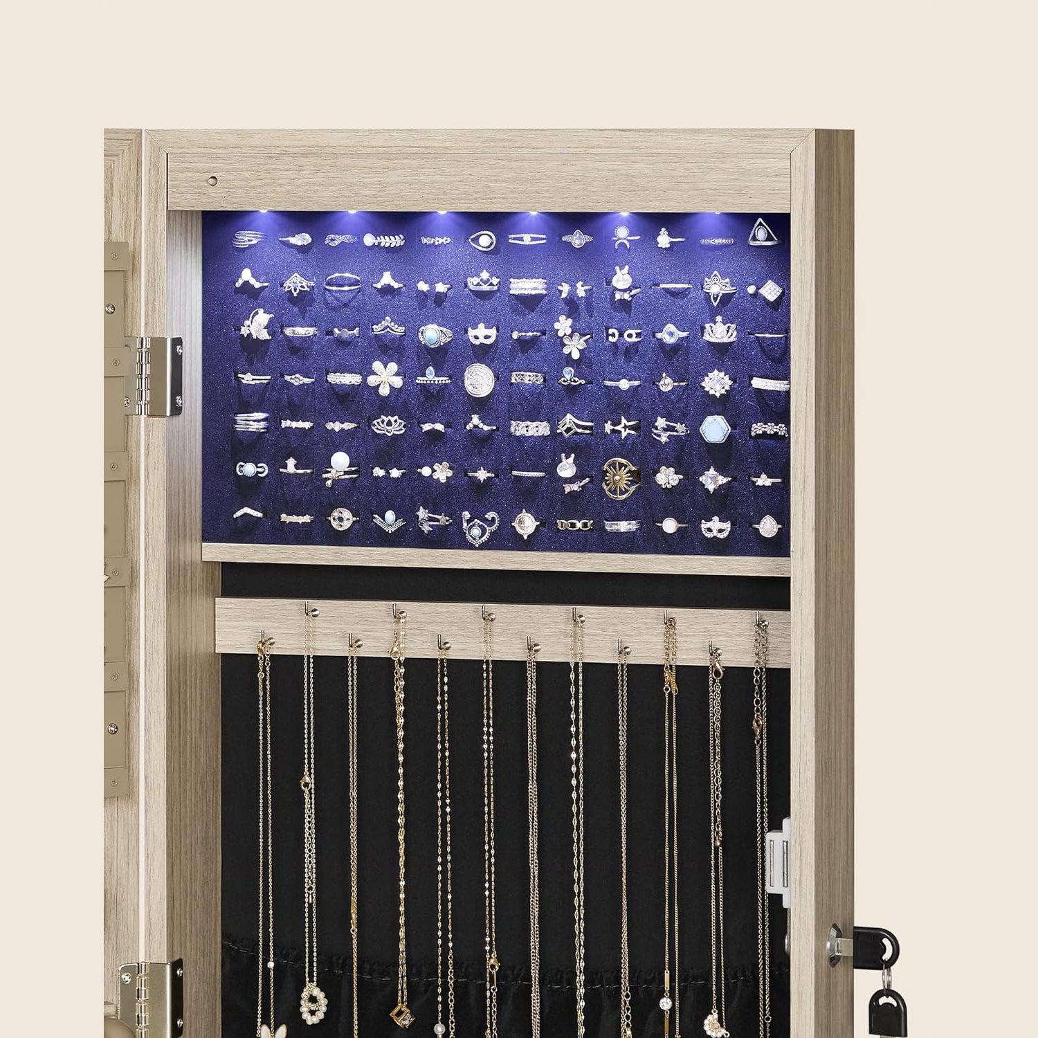 Zidni ormarić za nakit s ogledalom sa 6 LED žarulja, 10 x 37 x 120 cm, hrast | SONGMICS-vitahome.hr
