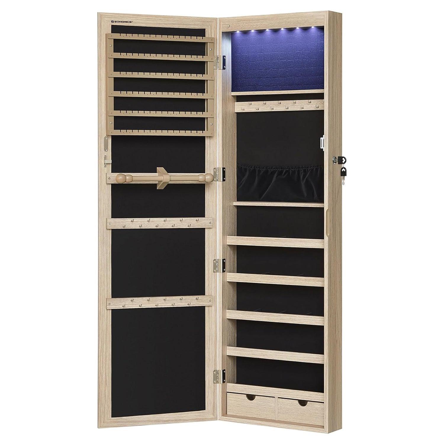 Zidni ormarić za nakit s ogledalom sa 6 LED žarulja, 10 x 37 x 120 cm, hrast | SONGMICS-vitahome.hr