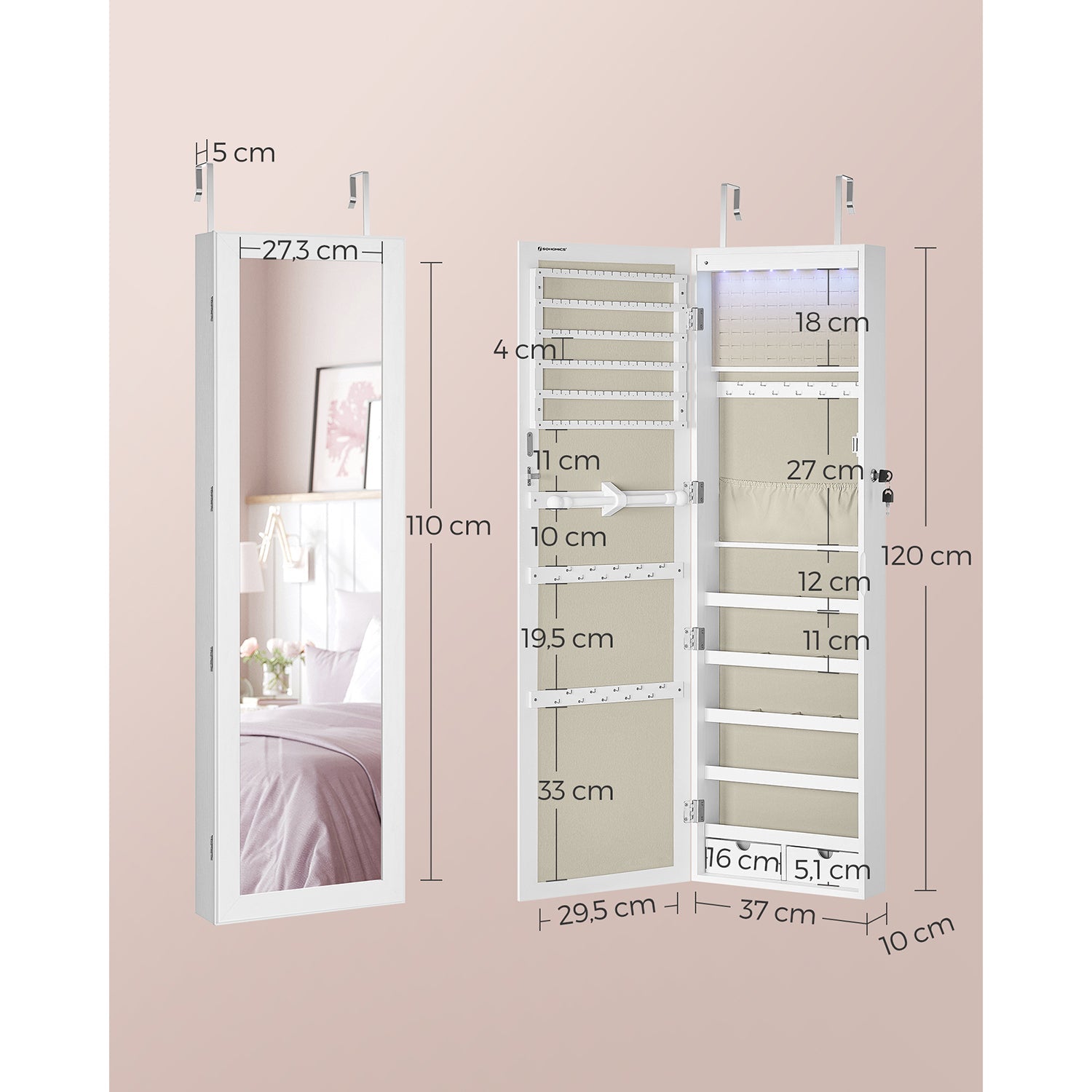Zidni ormarić za pohranu nakita, 10 x 37 x 120 cm, bijele i bež boje | SONGMICS-vitahome.hr