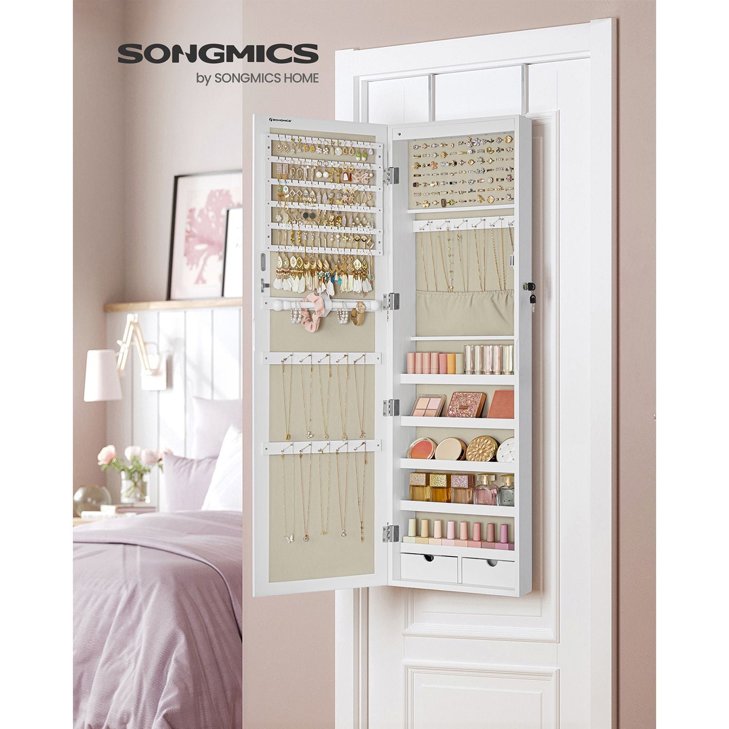 Zidni ormarić za pohranu nakita, 10 x 37 x 120 cm, bijele i bež boje | SONGMICS-vitahome.hr