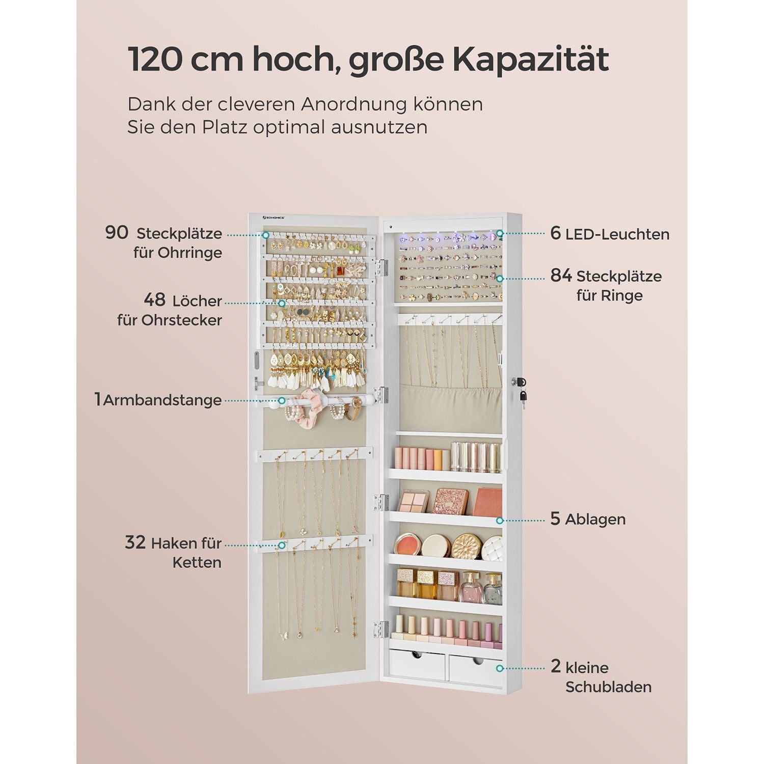 Zidni ormarić za pohranu nakita, 10 x 37 x 120 cm, bijele i bež boje | SONGMICS-vitahome.hr
