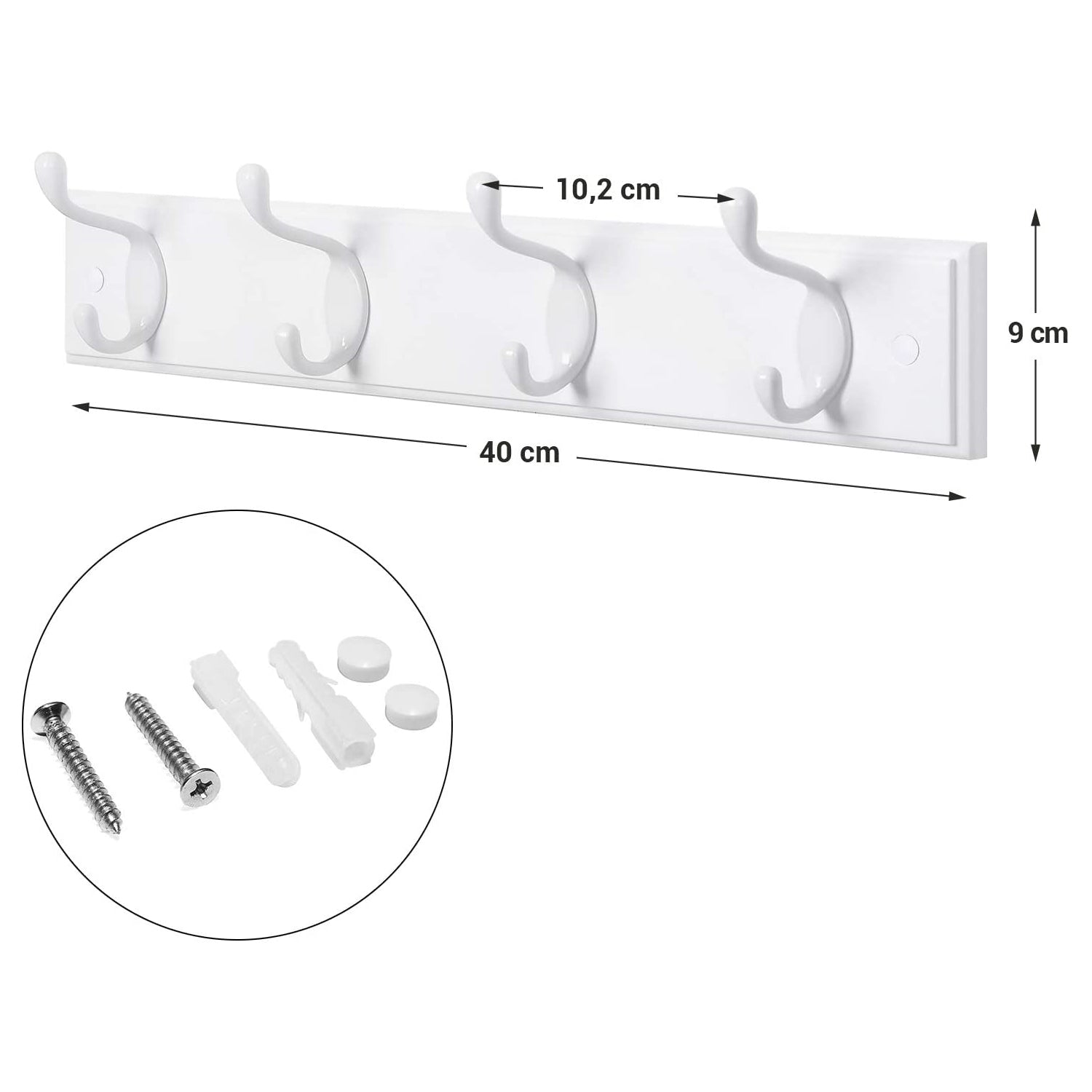 Zidni stalak za odjeću s 4 metalne kuke, 40 x 7 x 9 cm, bijele boje | SONGMICS-vitahome.hr