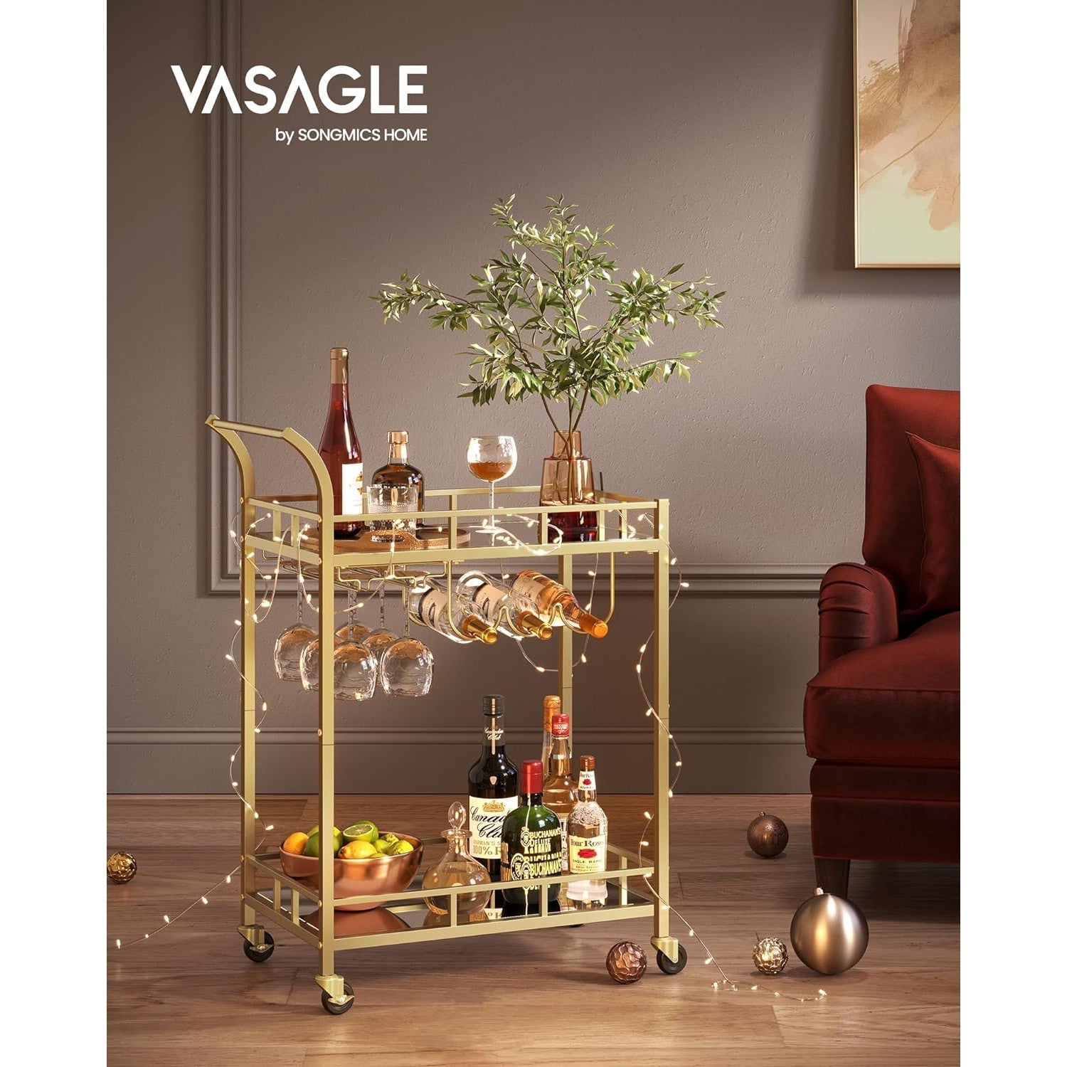 Zsúrkocsi, tálalókocsi 2 tükrös polcal, pohártartóval, arany színű-VASAGLE-Vita Home